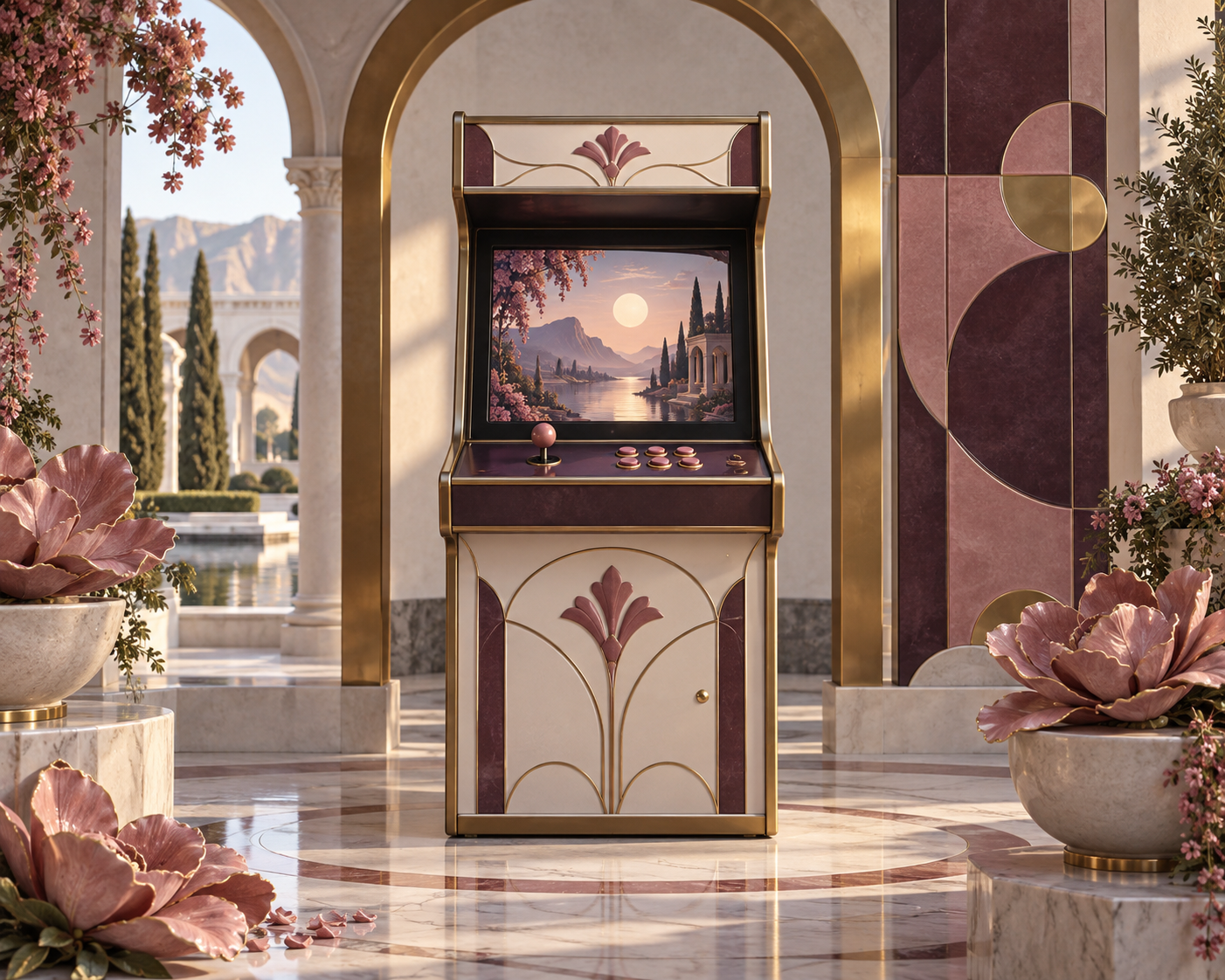 Rose-toned game cabinet in a porcelain arcade